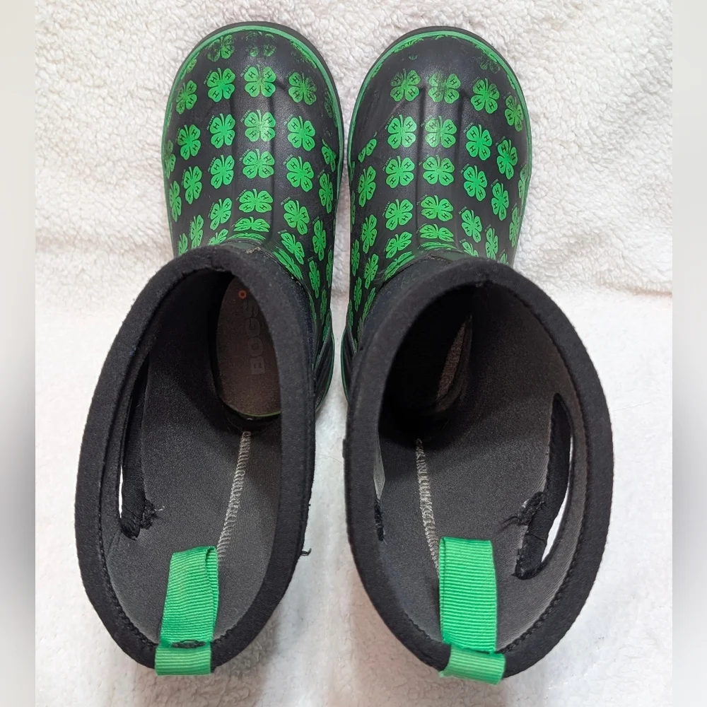Bogs Kids Sz 13 Classic II Handle 4H Neoprene Rain Snow Boots Clover Black Green